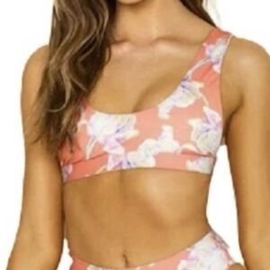 Dippin' Daisy's Tulip Print Scoopneck Bralette Bikini Top Coral M